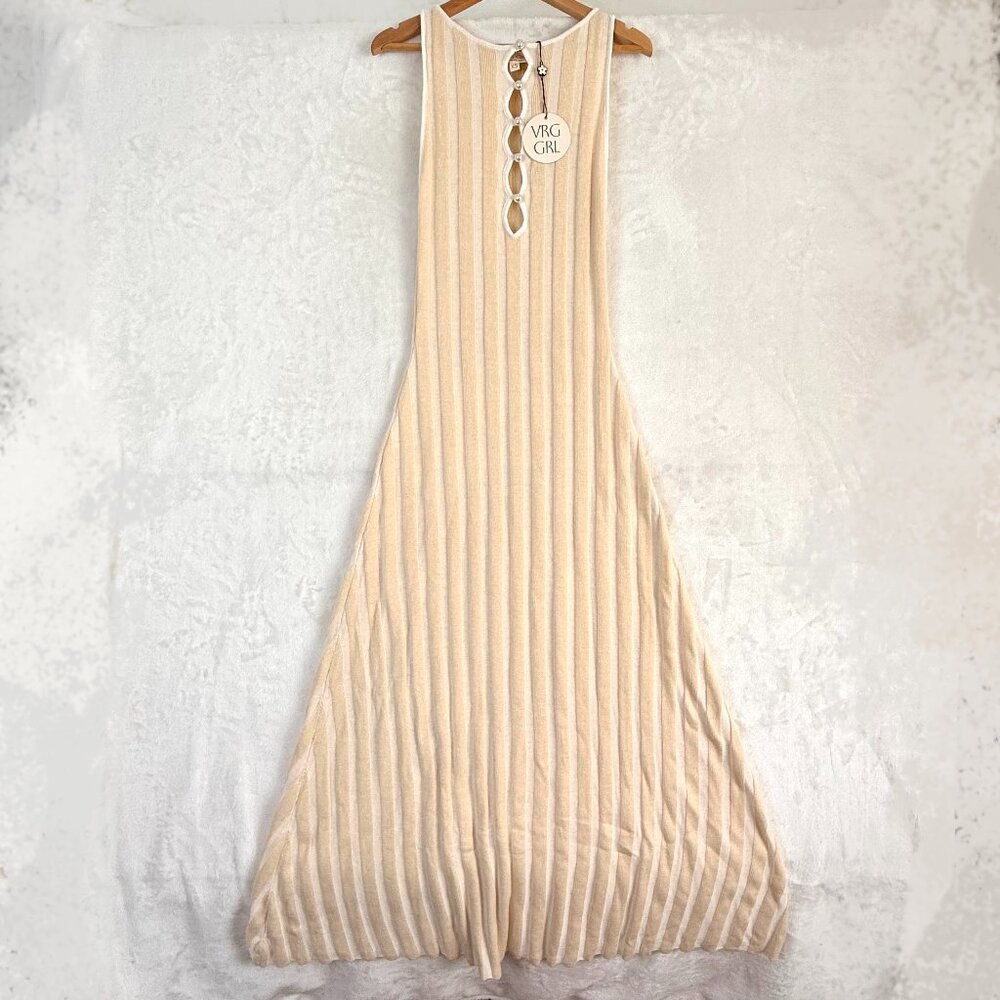 VRG GRL El Mar Knit Striped Resort Neutral Pearl Keyhole Maxi Dress XS Cream NEW